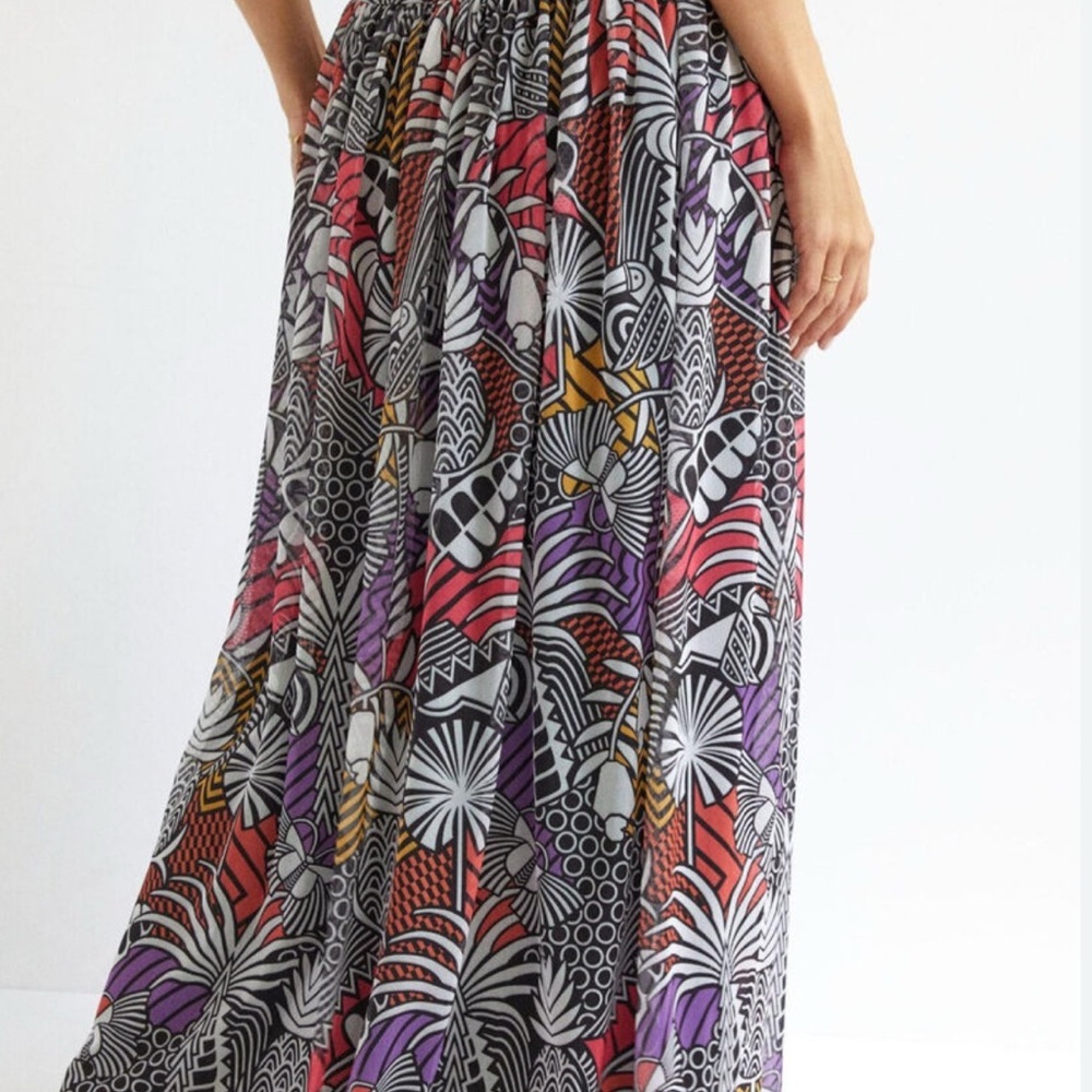 Farm Rio for Anthropologie Mesh Maxi Skirt Tropical pattern Size Small Red White